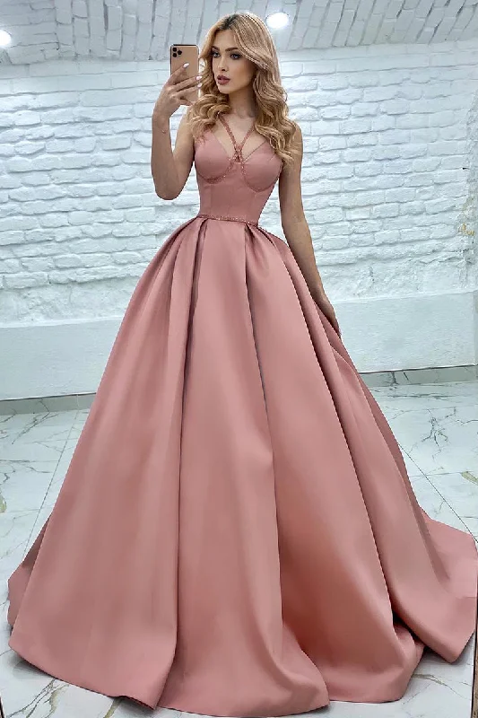 14712 - Pink Sequined Satin Ruched A Line Prom Evening Dress