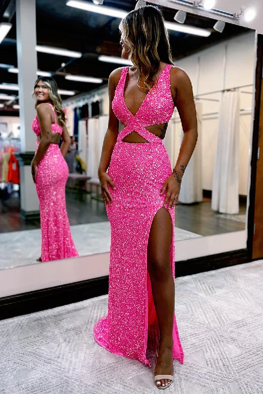 12786 - Sequined Cross Top Sleeveless Slit Sheath Prom Dress