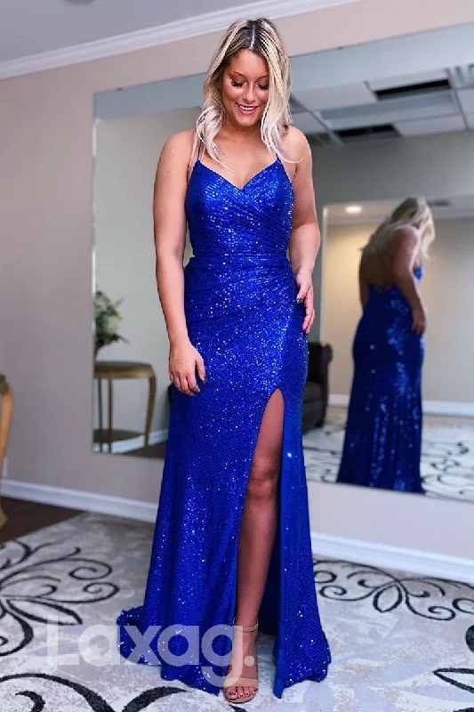 16806 - Sexy V-neck Sequins High Split Mermaid Prom Dress Glitter