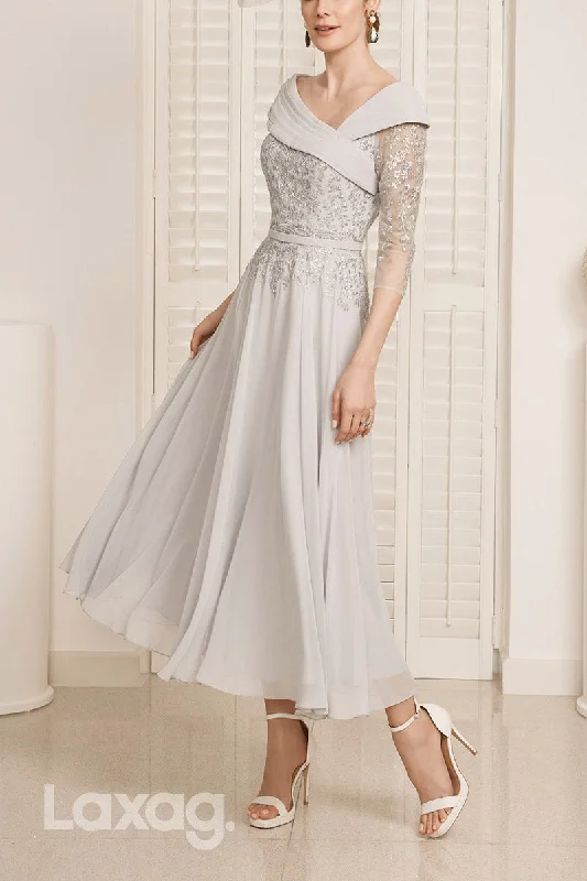 22839 - A-Line V-Neck Quarter Sleeves Appliques Sequins Mother of the Bride Dress