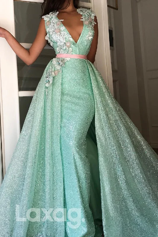 16705 - Deep V-neck Mint Green Sequins Mermaid Formal Dress with Overlay