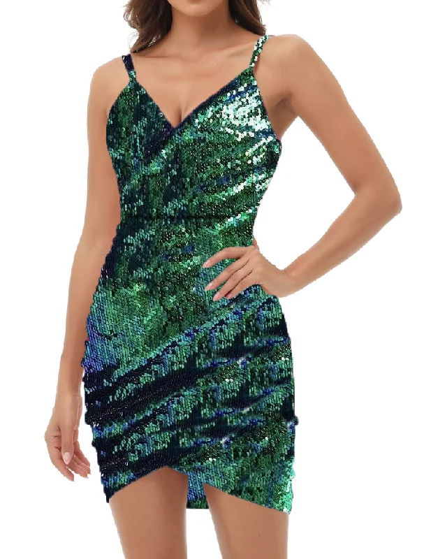 M - ssb green faux wrap sequin mini dress