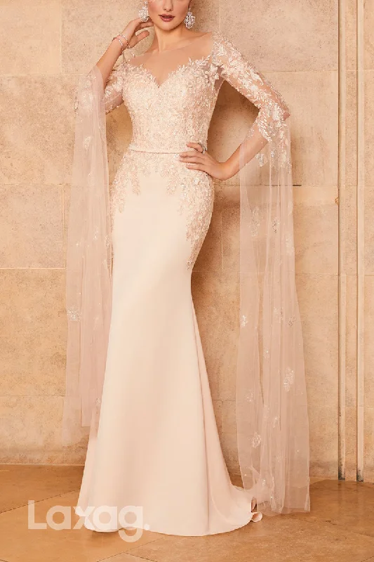 22929 - Bateau Sleeves Lace Appliques Sequins Sleek Satin Mermaid Mother of the Bride Dress