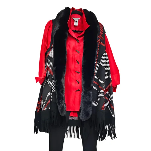 Vest-Red/Black-Fringe Hem-Women's-m43202vm