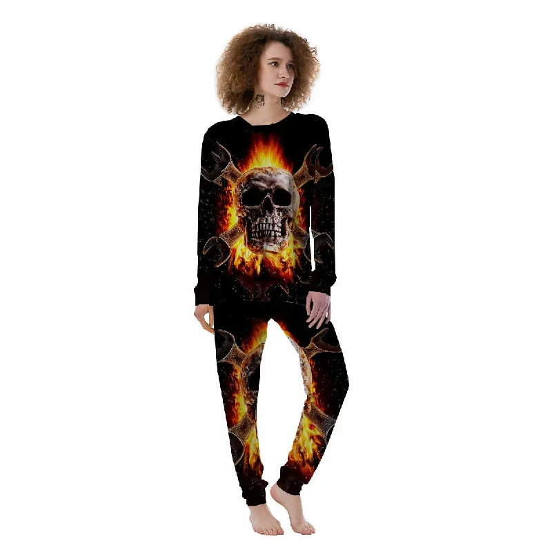 Skull Flaming And Cross Wrench Print Women's Pajamas