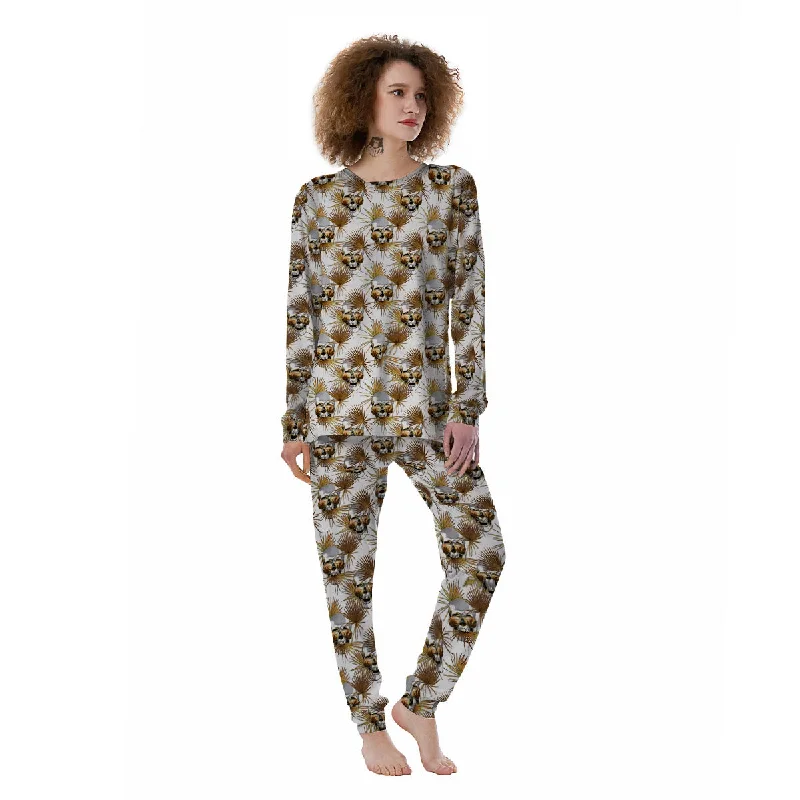 Skull Tropical Gold Print Pattern Women's Pajamas