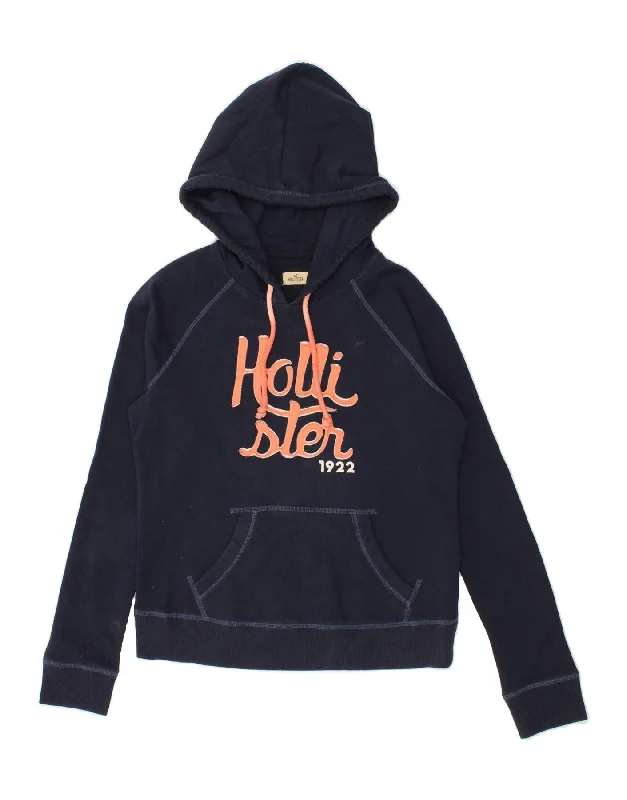 HOLLISTER Womens Graphic Hoodie Jumper UK 12 Medium Navy Blue Cotton