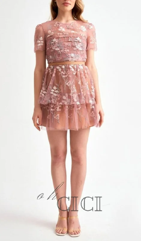 FLOWER MESH TIERED MINI DRESS