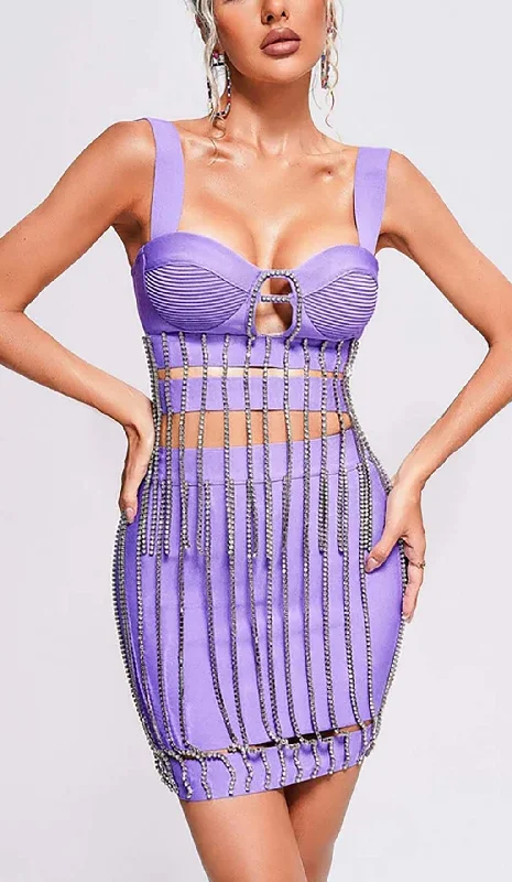 CRYSTAL TASSEL BANDAGE MINI DRESS IN PURPLE