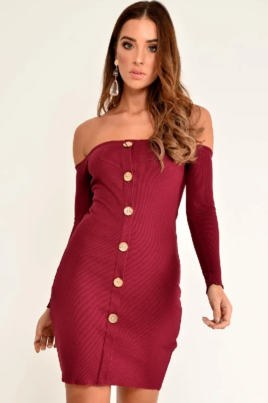 Wine Rib Bardot Button Down Mini Dress - Janora