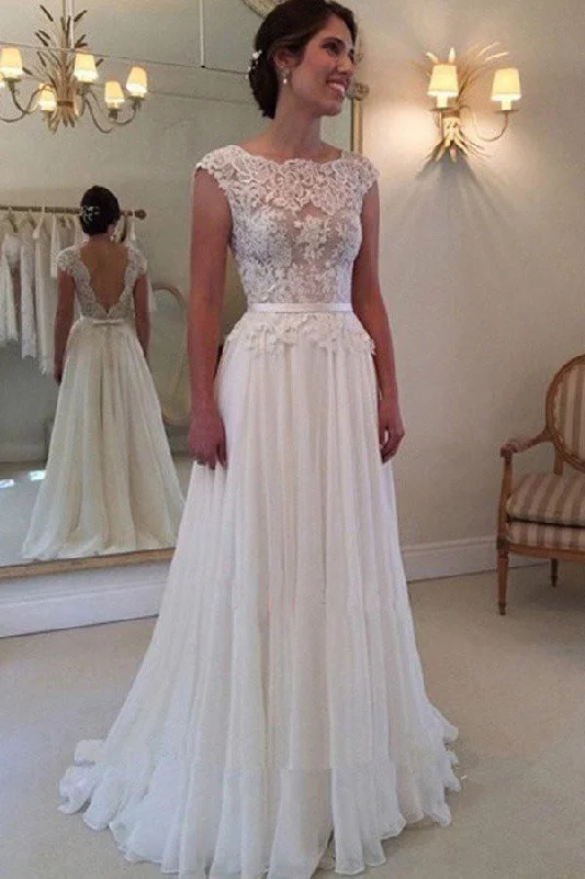 A-line Lace Appliqued Cap Sleeves Ivory Chiffon Bridal Dress Long Beach Wedding Dress N233