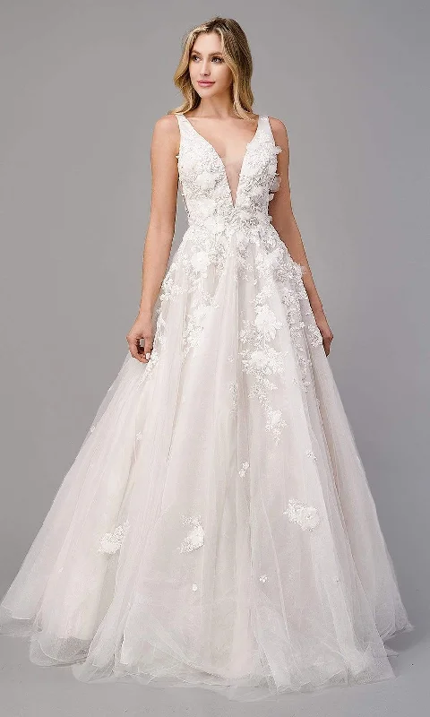 Andrea and Leo - A1028W Plunging Neck Floral Wedding Dress