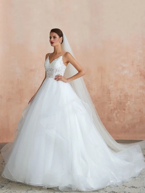 Ball Gown Wedding Dress 2021 Princess Straps Neck Sleeveless Natural Waist Studded Tulle Bridal Gowns With Train