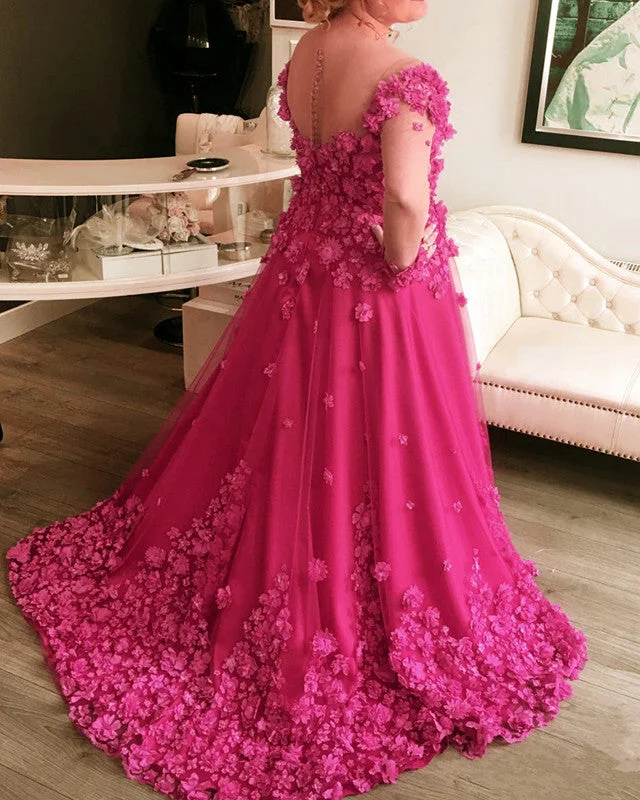 Plus Size Prom Dresses 3D Flowers Sleeved