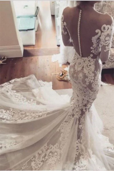 See-through Mermaid Wedding Dress Lace Appliques Long Sleeves Sheer Tulle Bridal Dress N202