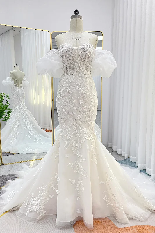 Trumpet-Mermaid Chapel Train Lace Tulle Wedding Dress CW3274