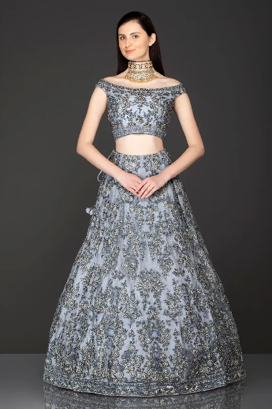 Grey Net Lehenga Top With Grey Resham/Thread Embriodery Highlighted With Silver Stones