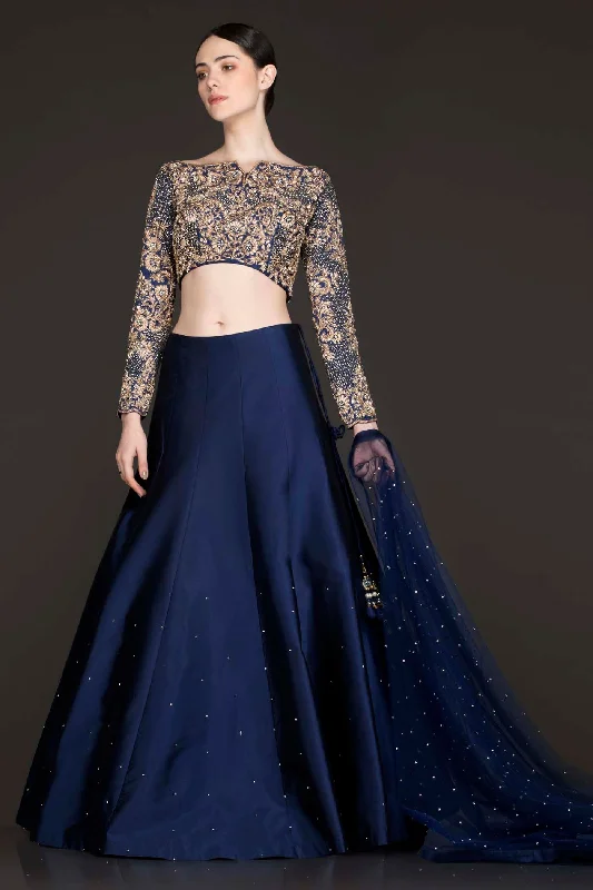 Navy Blue Silk Lehenga And Embriodery Top With Net Dupatta