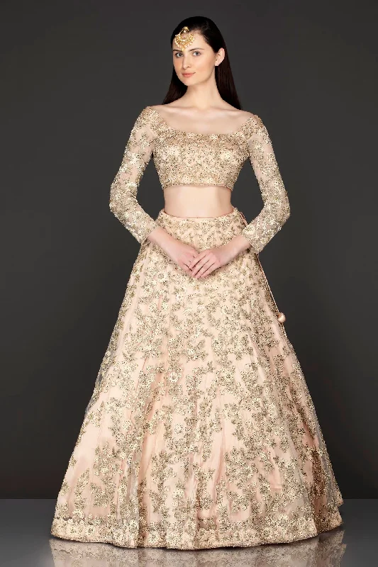 Nude Colour Net Lehenga Top With Heavy Resham And Zari Embroidery