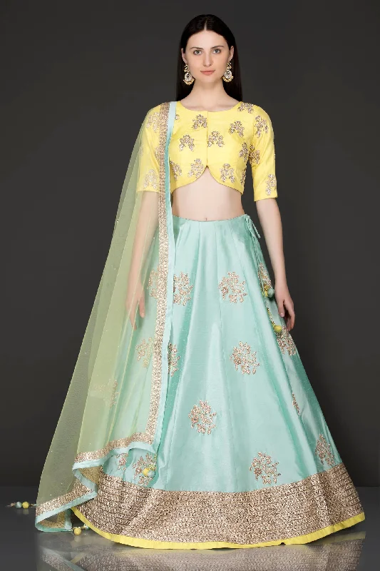 Silk Lehenga, Top and Net Dupatta with Gold Dabka and Pearl Embroidery