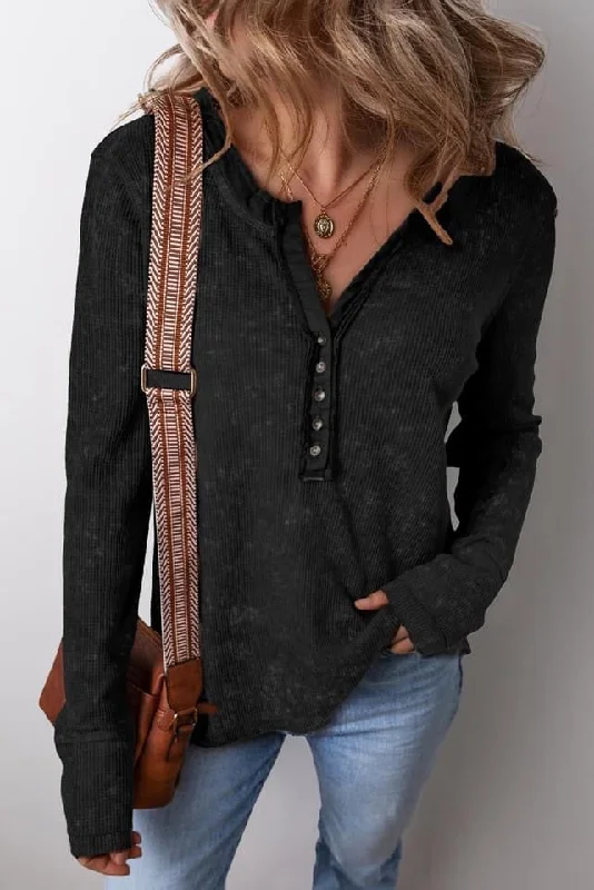 Acid Wash Waffle Knit Buttoned Neckline Long Sleeve Top