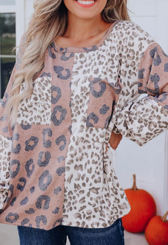 Leopard Color Block Patchwork Long Sleeve Top