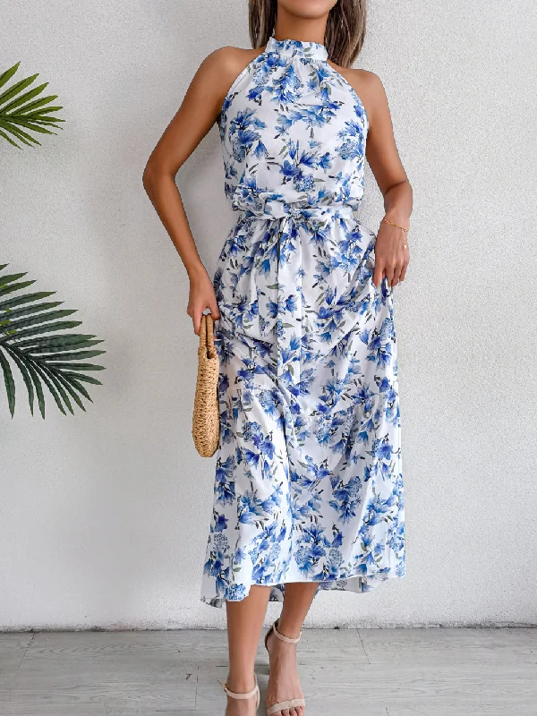 Sure Thing Floral Chiffon Halter Maxi Dress - Blue - FINAL SALE