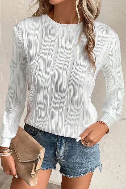 Textured Wavy Round Neck Long Sleeve Top