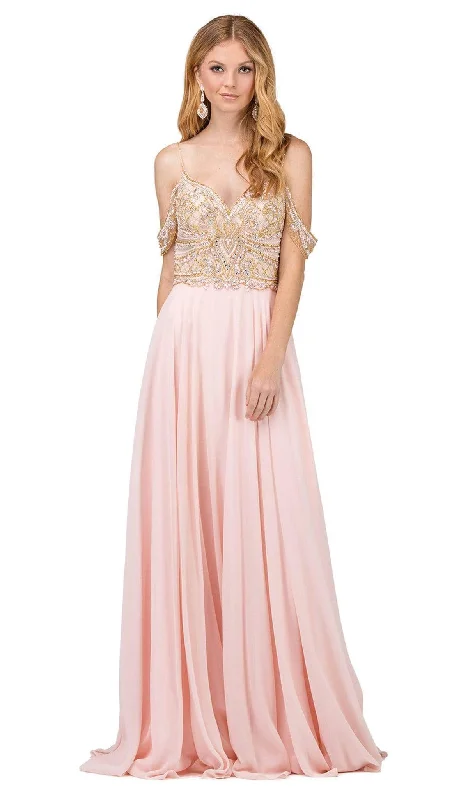 Dancing Queen - 2252 Cold Shoulder Sleeves Beaded A-line Prom Gown