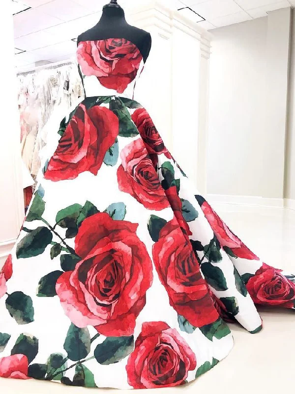 Ball Gown Prom Dresses Rose Floral Print Sweep Train Long Prom Dress JKL915