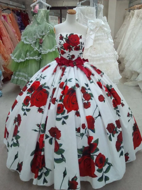 Ball Gown Prom Dresses Strapless Rose Floral Print Red and White Long Prom Dress JKL1350