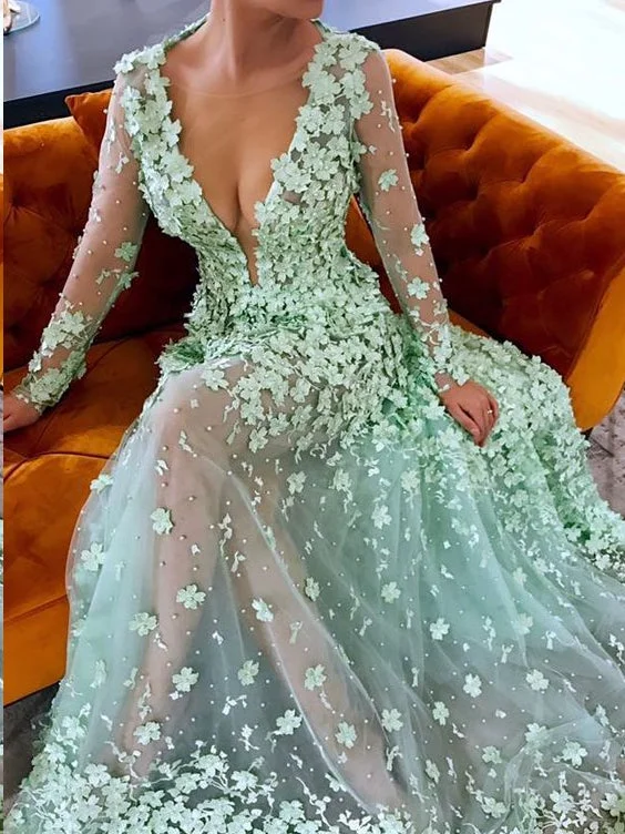 Beautiful Prom Dresses A-line Floral Lace Sage See Through Long Chic Prom Dress JKL1292