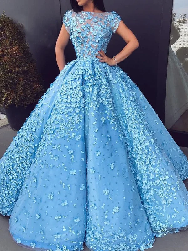 Beautiful Prom Dresses Blue Floral Lace Bateau Long Ball Gown Prom Dress JKL1111