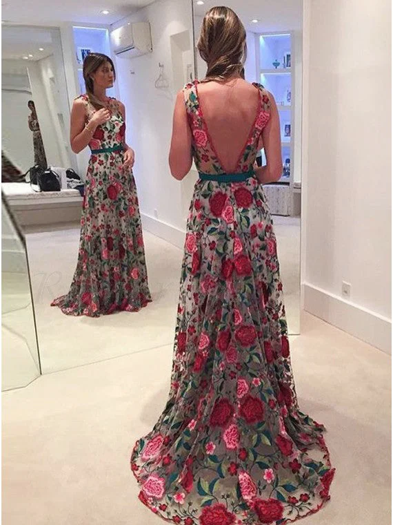 Beautiful Prom Dresses Scoop Aline Rose Floral Embroidery Lace Prom Dress JKL924