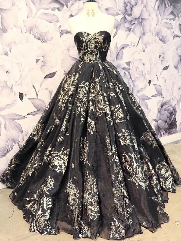 Black Prom Dresses Ball Gown Sweetheart Long Chic Floral Lace Prom Dress JKL1707