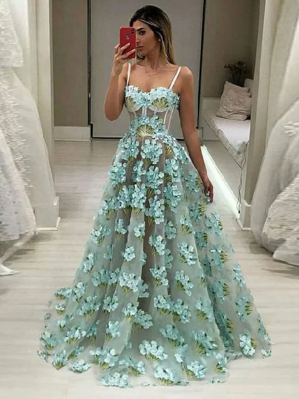 Chic Prom Dresses with Spaghetti Straps Aline Floor-length Floral Lace Long Prom Dress JKL1489