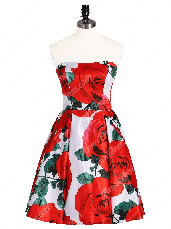 Cute Rose Floral Print Homecoming Dresses Strapless Short Prom Dress Party Dress JKS325