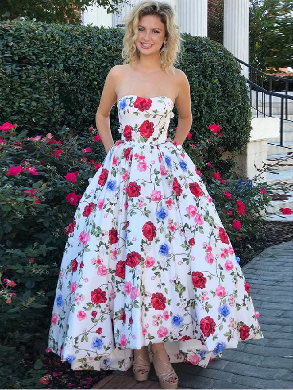 High Low Prom Dresses Strapless A-line Floral Print Long Prom Dress JKL907