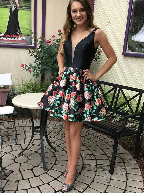 Little Black Dress Floral Print Homecoming Dresses Short Prom Dress Party Dress JK754