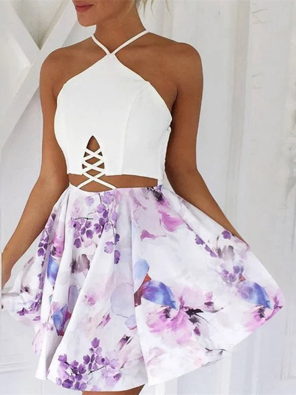 Open Back Homecoming Dresses Floral Print Aline Short Prom Dress Sexy Party Dress JK774