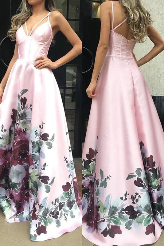 Pink Satin Floral Prints Spaghetti Strap A-Line Prom Dresses GJS430