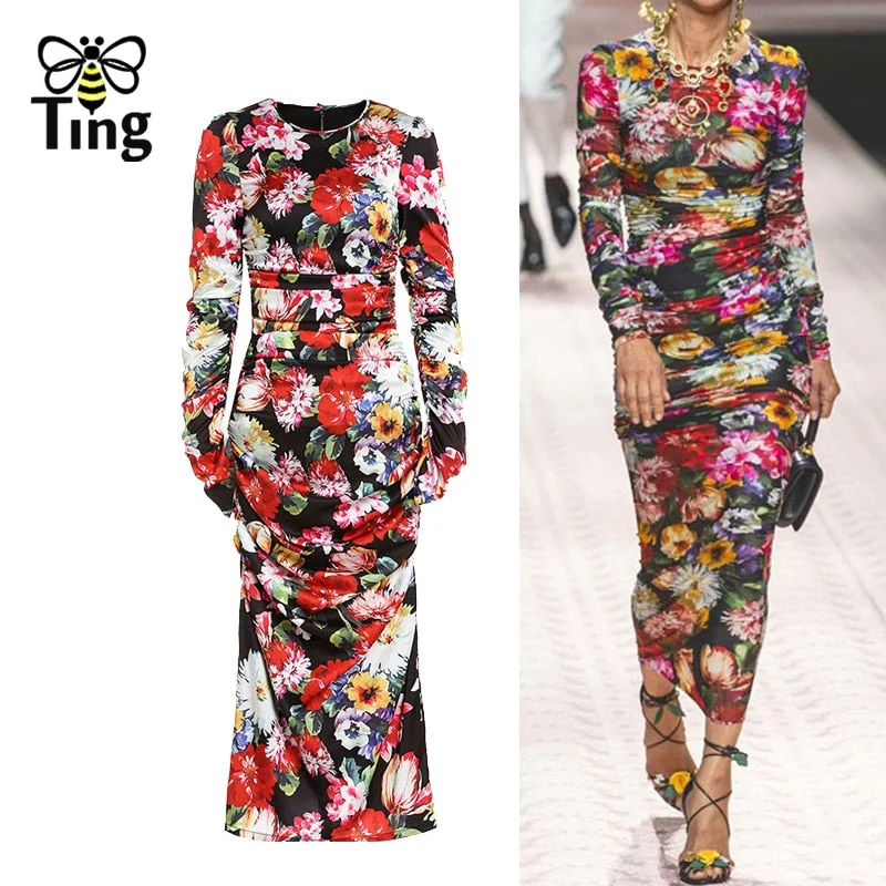 Tingfly Runway  Satin Silky Floral Party Birthday Night Dresses Sexy Bodycon Sheath Draped Long Dress Haut Plus Size Robes