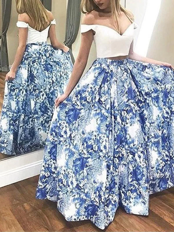 Two Piece Prom Dresses A-line Floral Print Long Open Back Satin Prom Dress JKL1699