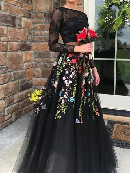 Two Pieces Black Prom Dresses With Lace Floral Long Sleeve Evening Gowns JKG039