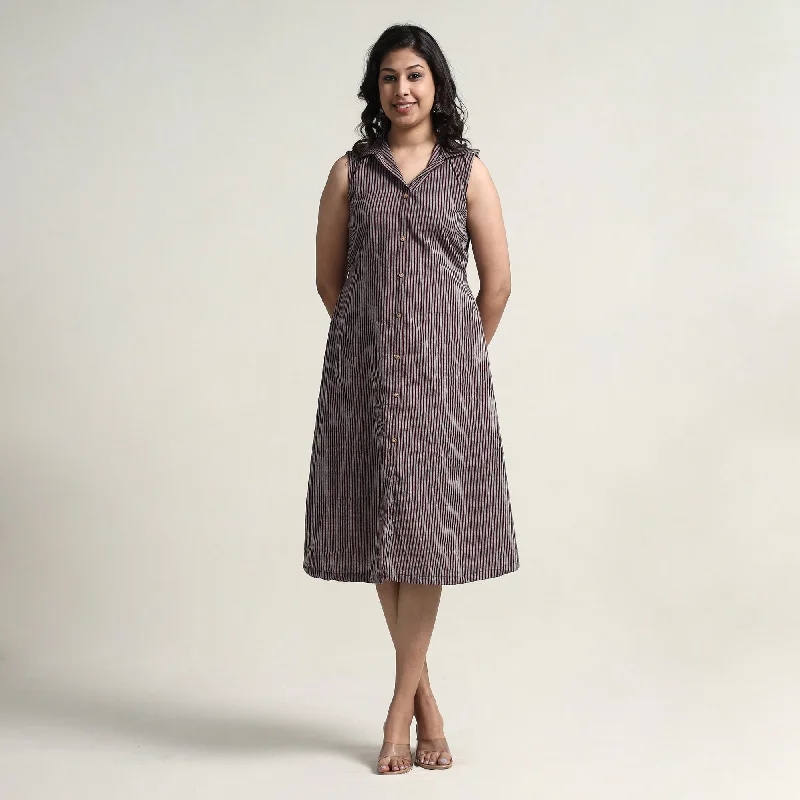 Brown - Plain Handloom Cotton Collared Neck Buttoned Down Dress