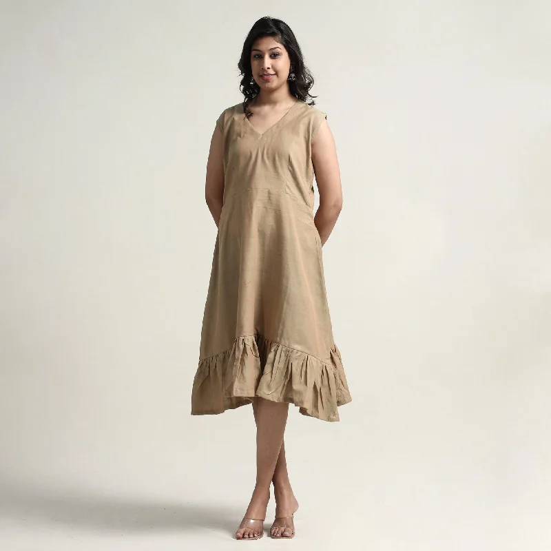 Beige - Plain Handloom Cotton Flare Dress