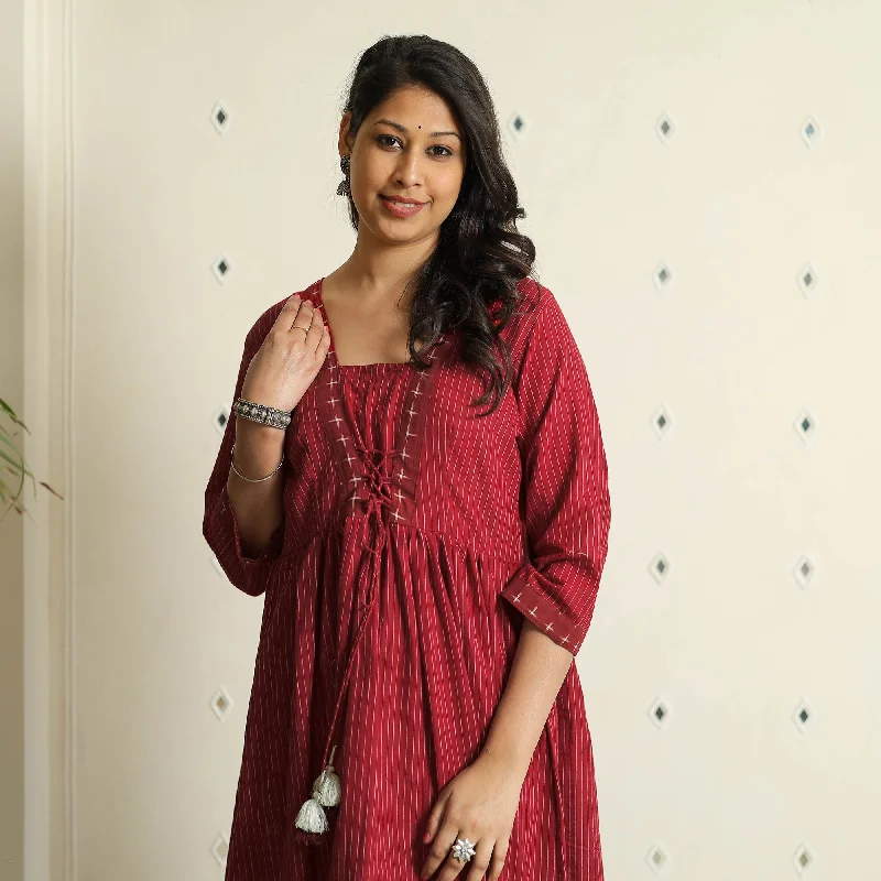 Maroon - Jacquard Cotton Flared Gher Dress