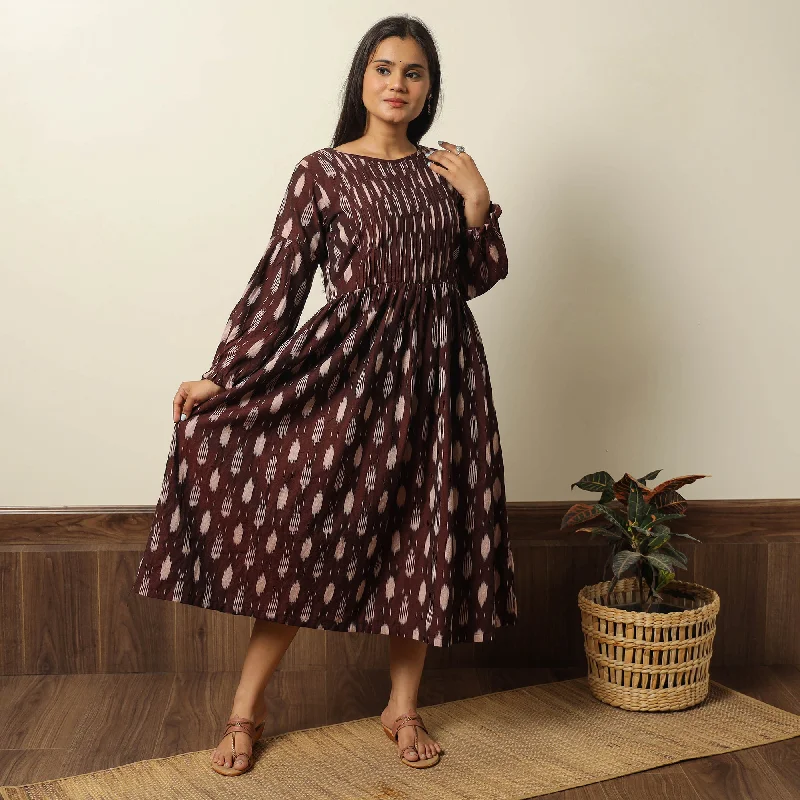 Maroon - Pochampally Ikat Weave Cotton Pintuck Flared Dress 01