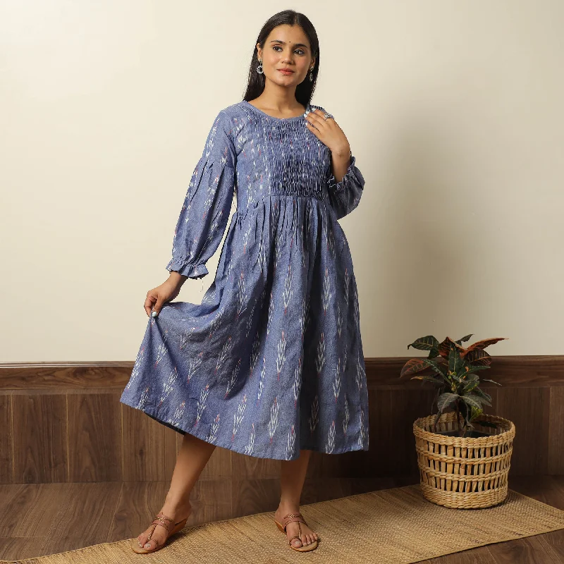 Blue - Pochampally Ikat Weave Cotton Pintuck Flared Dress 04