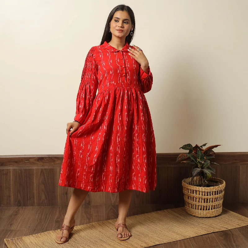 Red - Pochampally Ikat Weave Cotton Flared Dress 08